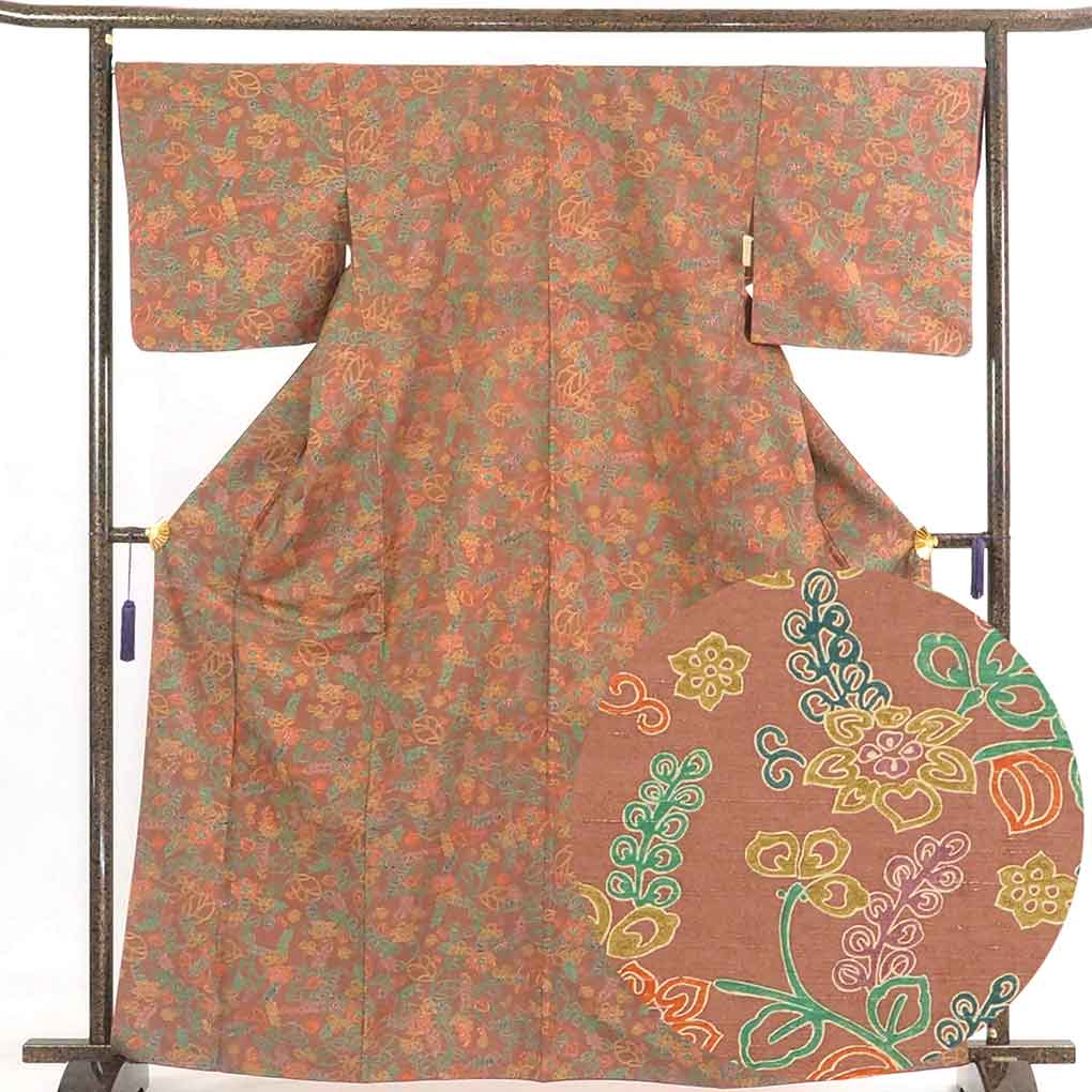 リサイクル着物 小紋 茶色地 紬生地使用 袷 正絹 着物 レディース 秋冬春用 シルク ブラウン 裄Lサイズ トールサイズ リユース身丈166cm 裄68cm 前幅24cm 後幅29cm 袖丈47cm【ランクA】