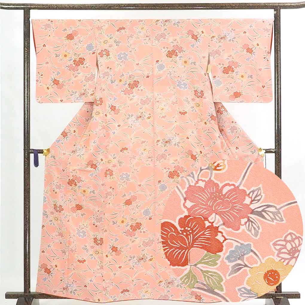 リサイクル着物 小紋 ピンク地 花柄 袷 正絹 着物 レディース 秋冬春用 シルク ピンク 裄Lサイズ トールサイズ リユース身丈162cm 裄67cm 前幅22.5cm 後幅30cm 袖丈48cm【ランクA】