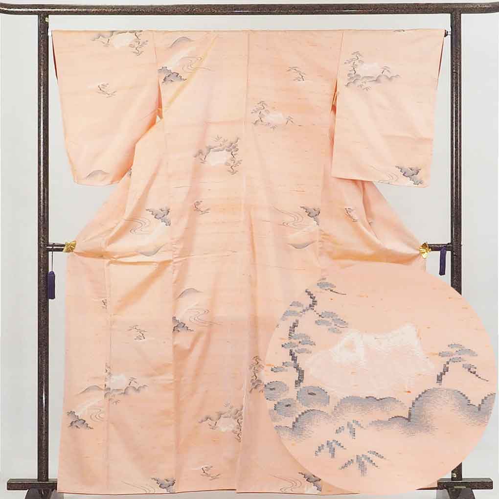 リサイクル着物 紬 オレンジ地 先染 袷 正絹 着物 未使用品 レディース 秋冬春用 シルク オレンジ 裄Lサイズ リユース身丈163cm 裄67cm 前幅25cm 後幅30cm 袖丈56cm【ランクS】