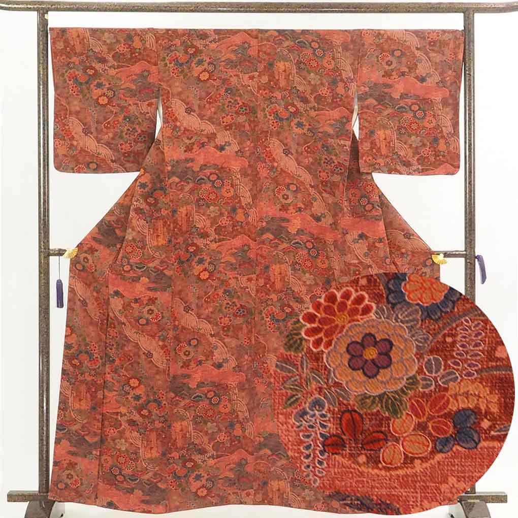 リサイクル着物 小紋 赤茶地 花柄 袷 正絹 着物 レディース 秋冬春用 シルク レッド 裄Mサイズ リユース身丈163cm 裄67cm 前幅23cm 後幅30cm 袖丈49cm【ランクA】
