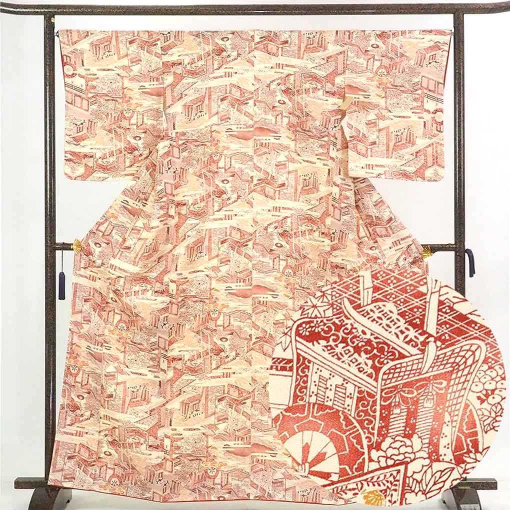リサイクル着物 小紋 薄黄色地 宮中柄 袷 正絹 着物 未使用品 レディース 秋冬春用 シルク イエロー 裄Lサイズ トールサイズ リユース身丈165cm 裄67cm 前幅24cm 後幅30cm 袖丈53cm【ランクS】