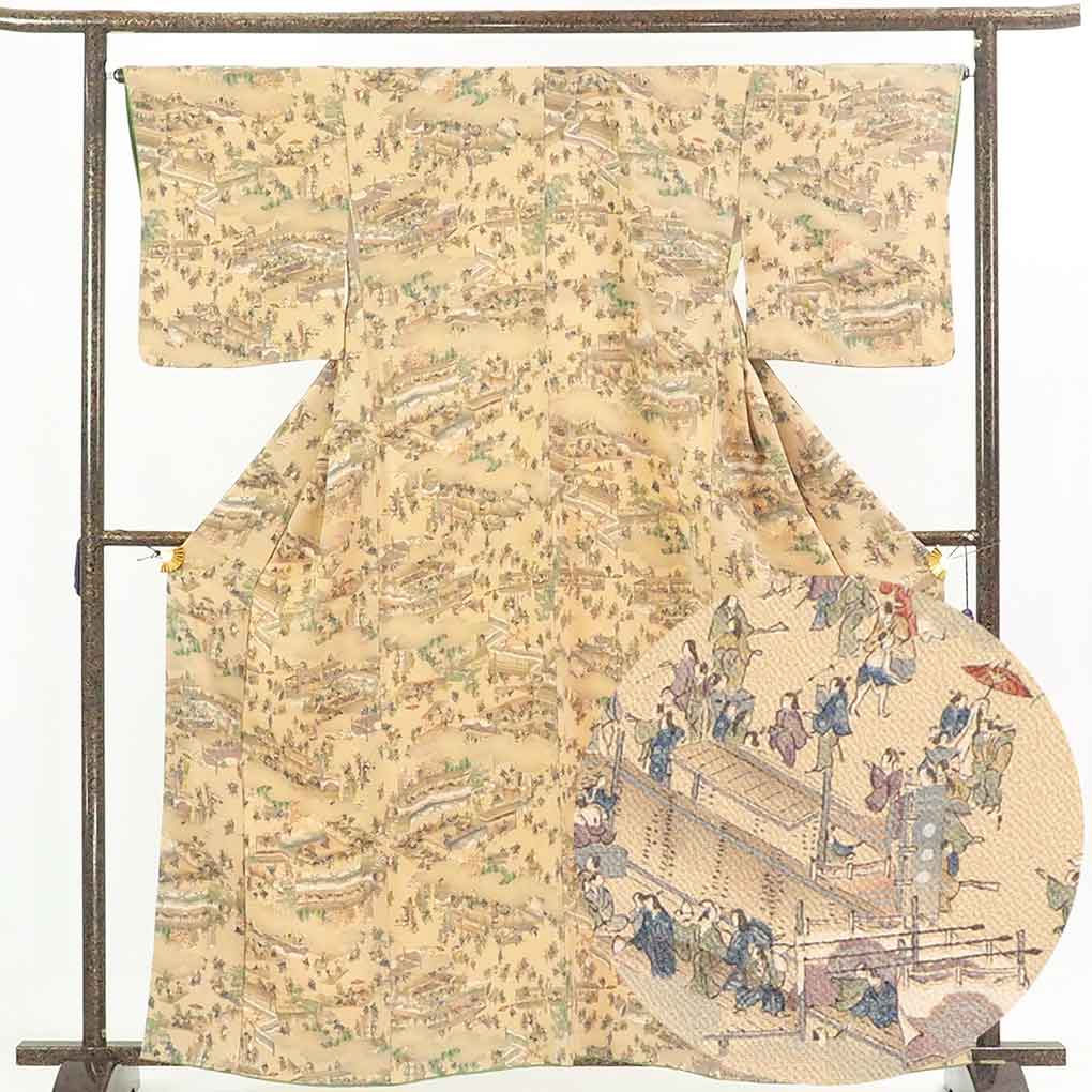 リサイクル着物 小紋 薄茶地 袷 正絹 着物 レディース 秋冬春用 シルク ブラウン 裄Lサイズ リユース身丈162cm 裄67cm 前幅24cm 後幅30cm 袖丈48cm【ランクA】