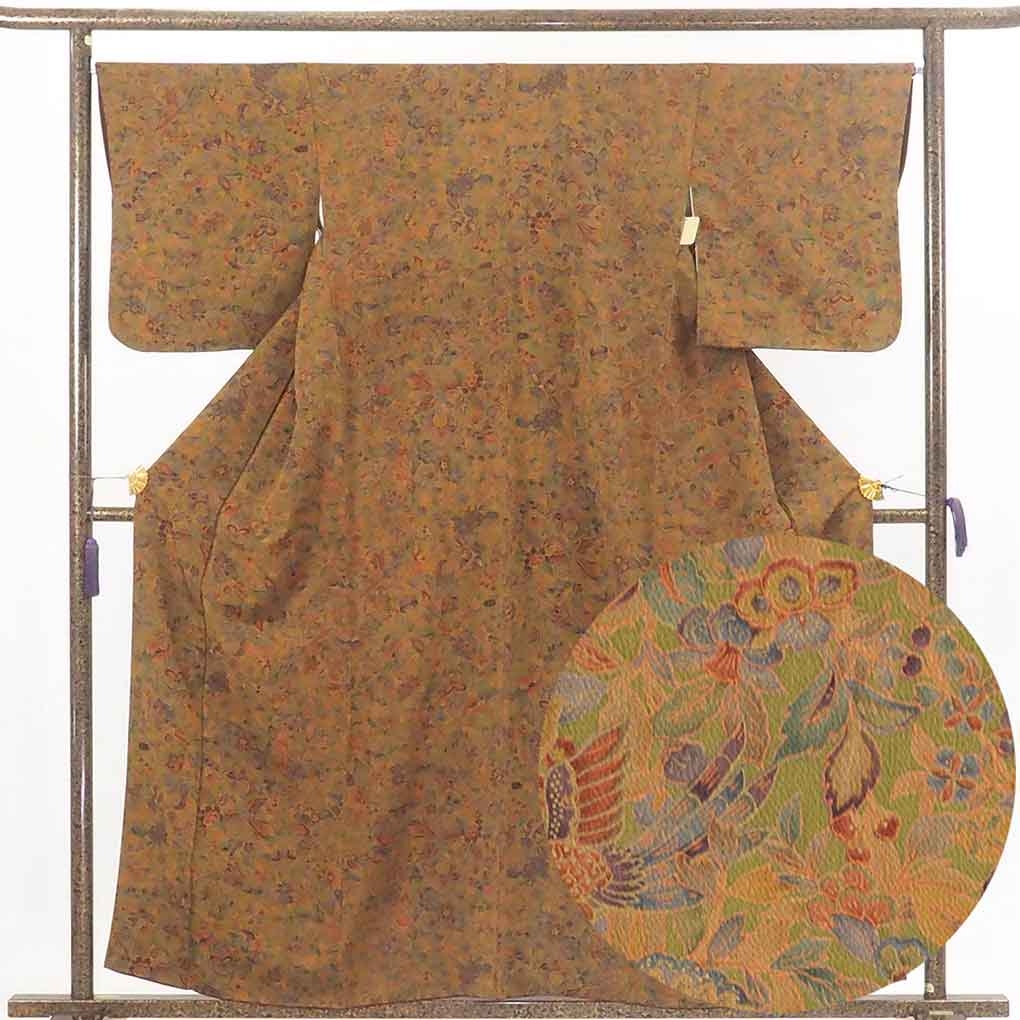 リサイクル着物 小紋 茶色地 花柄 袷 正絹 着物 レディース 秋冬春用 シルク ブラウン 裄Lサイズ リユース身丈159cm 裄67cm 前幅26.5cm 後幅30cm 袖丈49cm【ランクA】