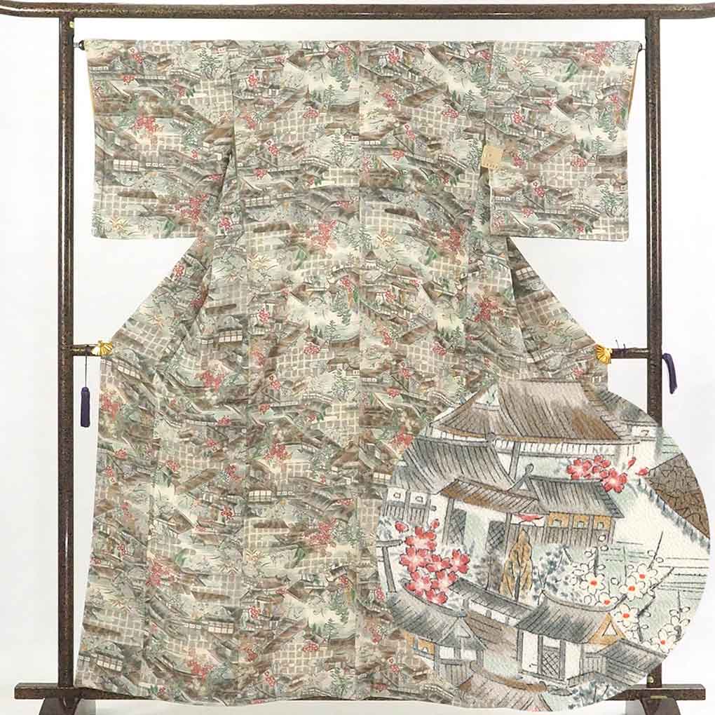 リサイクル着物 小紋 薄茶地 風景画 袷 正絹 着物 未使用品 レディース 秋冬春用 シルク ブラウン 裄Lサイズ リユース身丈161cm 裄67cm 前幅24cm 後幅30cm 袖丈49cm【ランクS】