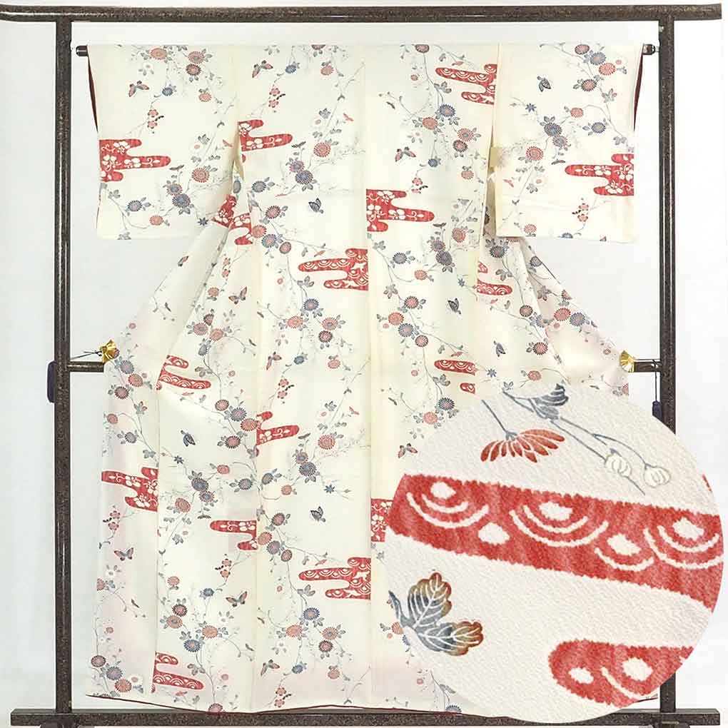 小紋 リサイクル着物 身丈160cm 裄64cm 前幅24cm 後幅30cm 袖丈48cm レディース 袷 裄Mサイズ 秋冬春用 正絹（シルク）茶色 未使用品 中古小紋 リサイクル着物 身丈160cm 裄丈64cm 前幅24cm