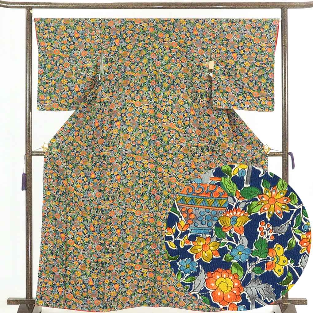 リサイクル着物 小紋 紺地 花柄 袷 正絹 着物 未使用品 レディース 秋冬春用 シルク ネイビー 裄Lサイズ トールサイズ リユース身丈165cm 裄67cm 前幅23cm 後幅28.5cm 袖丈52cm【ランクS】