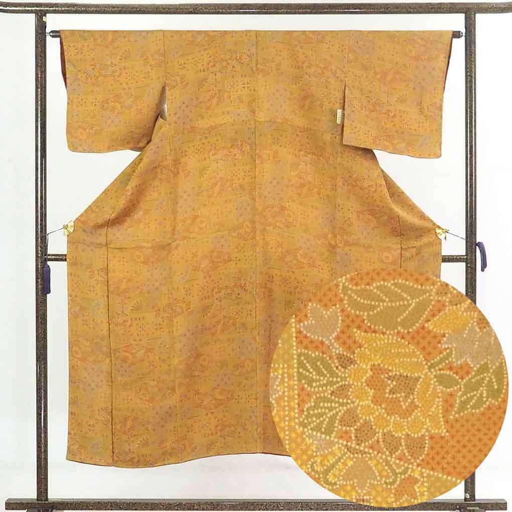 リサイクル着物 小紋 茶色地 連続模様 袷 正絹 着物 未使用品 レディース 秋冬春用 シルク ブラウン 裄Mサイズ リユース身丈149cm 裄64cm 前幅23cm 後幅30cm 袖丈44cm【ランクS】