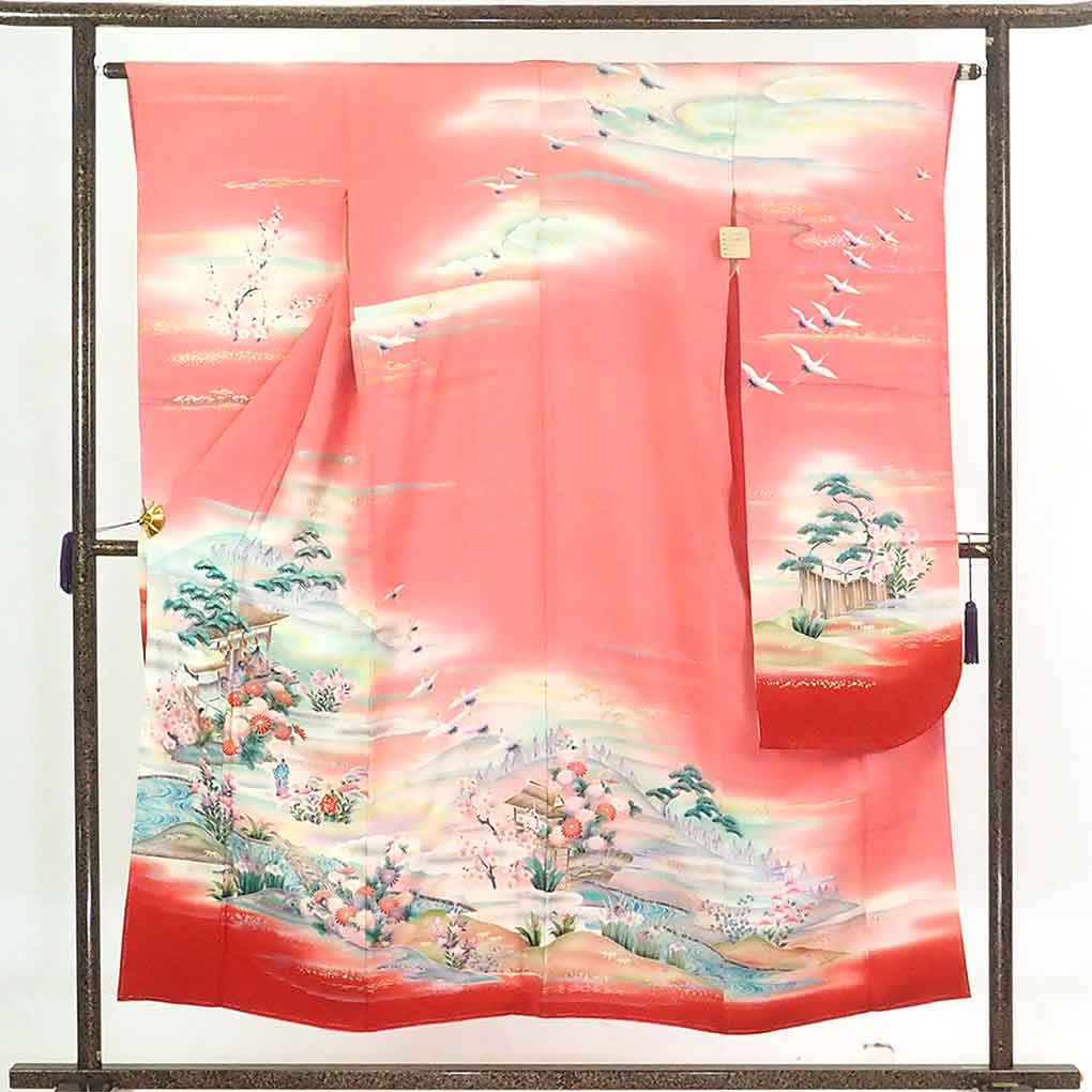 リサイクル着物 振袖 ピンク地 鶴柄 袷 正絹 着物 レディース 秋冬春用 シルク ピンク 裄Mサイズ リユース身丈151cm 裄63.5cm 前幅24cm 後幅30cm 袖丈105cm【ランクB】