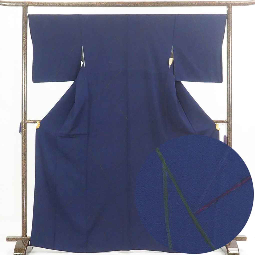 リサイクル着物 小紋 紺地 連続模様 袷 正絹 着物 レディース 秋冬春用 シルク ネイビー 裄Lサイズ トールサイズ リユース身丈169cm 裄67cm 前幅24cm 後幅29cm 袖丈49cm【ランクB】