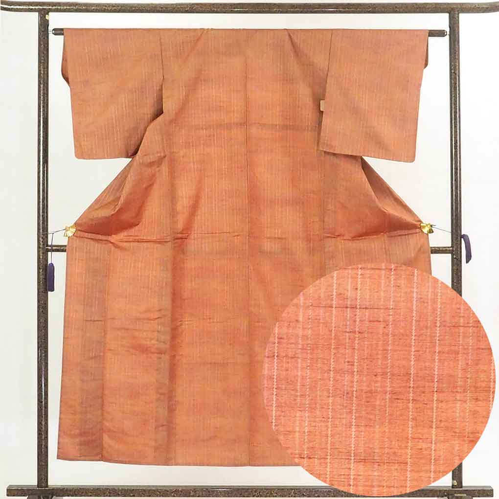 リサイクル着物 紬 茶色地 先染縦縞 単衣 正絹 着物 レディース 初夏・初秋用 シルク ブラウン 裄Sサイズ リユース身丈153cm 裄62cm 前幅23cm 後幅30cm 袖丈49cm【ランクA】