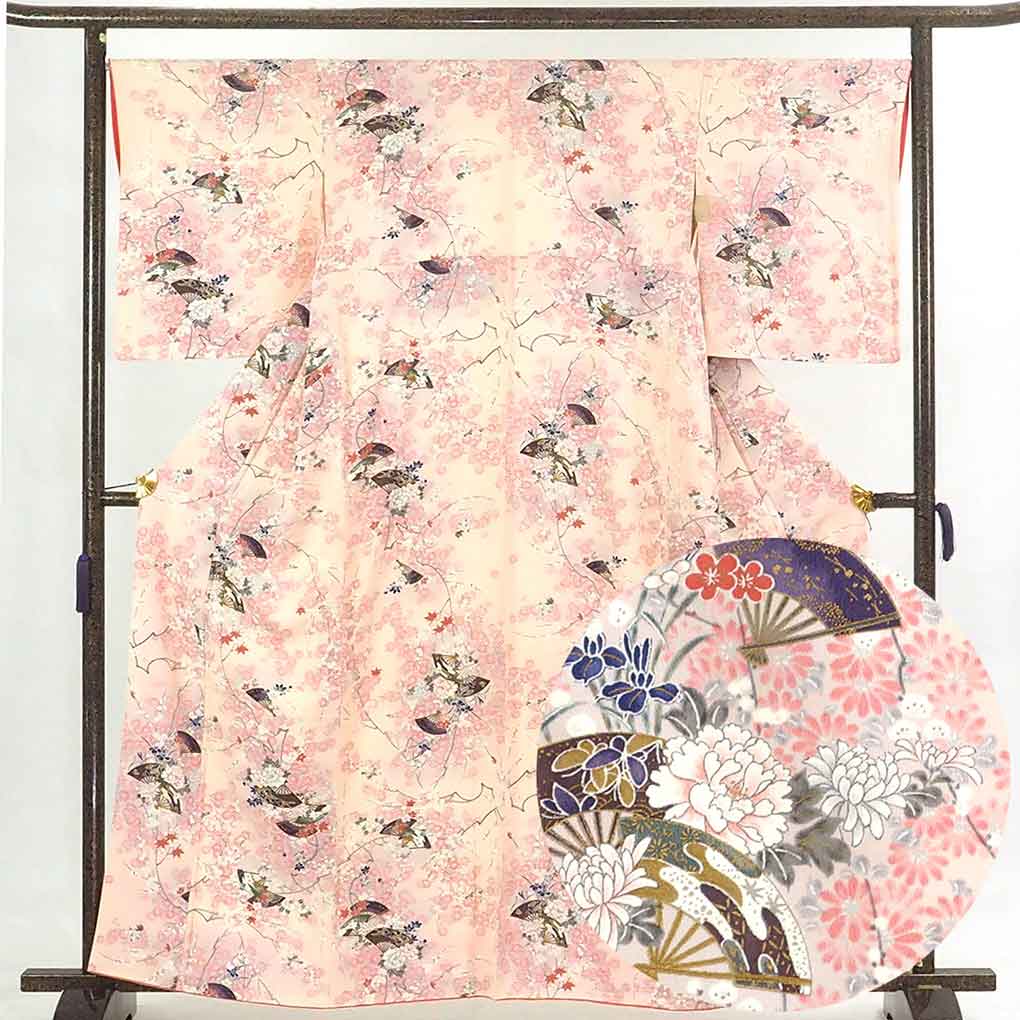 リサイクル着物 小紋 ピンク地 扇面花柄 袷 正絹 着物 レディース 秋冬春用 シルク ピンク 裄Lサイズ リユース身丈162cm 裄67cm 前幅26cm 後幅30.5cm 袖丈51cm【ランクA】