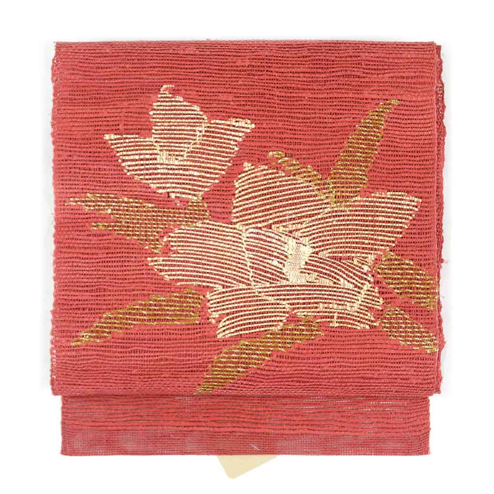 リサイクル帯 名古屋帯 赤地 花柄 夏物 八寸帯 正絹 レディース 夏用 シルク レッド フリーサイズ リユース幅30cm 長さ365cm【ランクA】