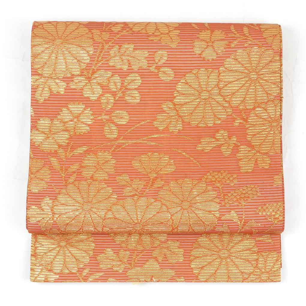 リサイクル帯 袋帯 赤茶地 金糸花柄 夏物 全通柄 正絹 レディース 夏用 シルク ブラウン フリーサイズ リユース幅30cm 長さ423cm【ランクA】