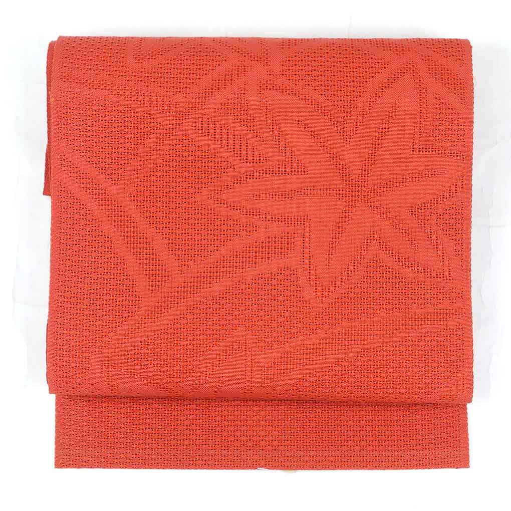 リサイクル帯 名古屋帯 赤地 紅葉柄 夏物 八寸帯 正絹 レディース 夏用 シルク レッド フリーサイズ リユース幅30cm 長さ363cm【ランクB】