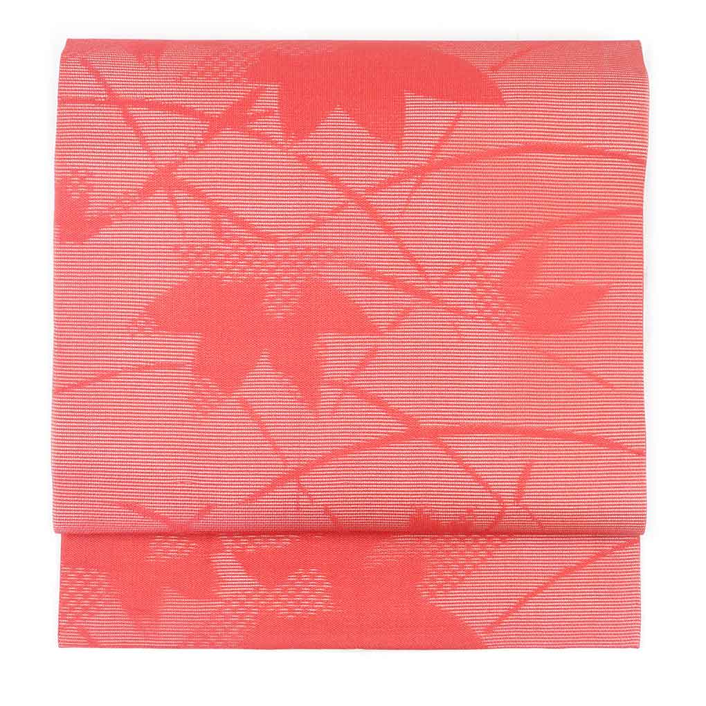 リサイクル帯 名古屋帯 赤地 紅葉柄 夏物絽 九寸帯 正絹 レディース 夏用 シルク レッド フリーサイズ リユース幅30cm 長さ344cm【ランクA】