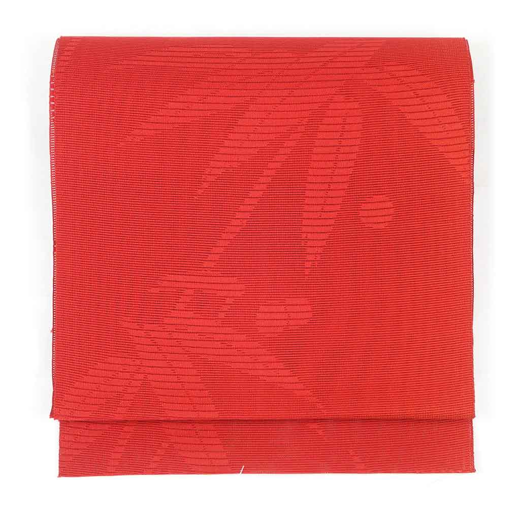 リサイクル帯 名古屋帯 赤地 笹柄 夏物紗 八寸帯 正絹 レディース 夏用 シルク レッド フリーサイズ リユース幅30cm 長さ368cm【ランクA】