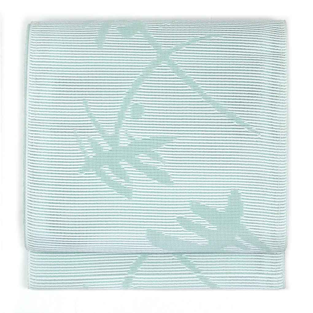 リサイクル帯 名古屋帯 ブルー地 連続模様 夏物絽 八寸帯 正絹 レディース 夏用 シルク ブルー フリーサイズ リユース幅31cm 長さ376cm【ランクB】