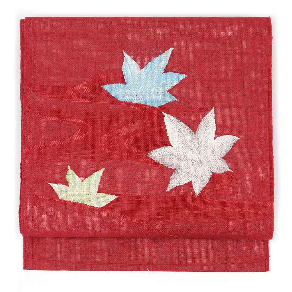 リサイクル帯 名古屋帯 赤地 紅葉柄 夏物 九寸帯 正絹 レディース 夏用 シルク レッド フリーサイズ リユース幅30cm 長さ350cm【ランクA】