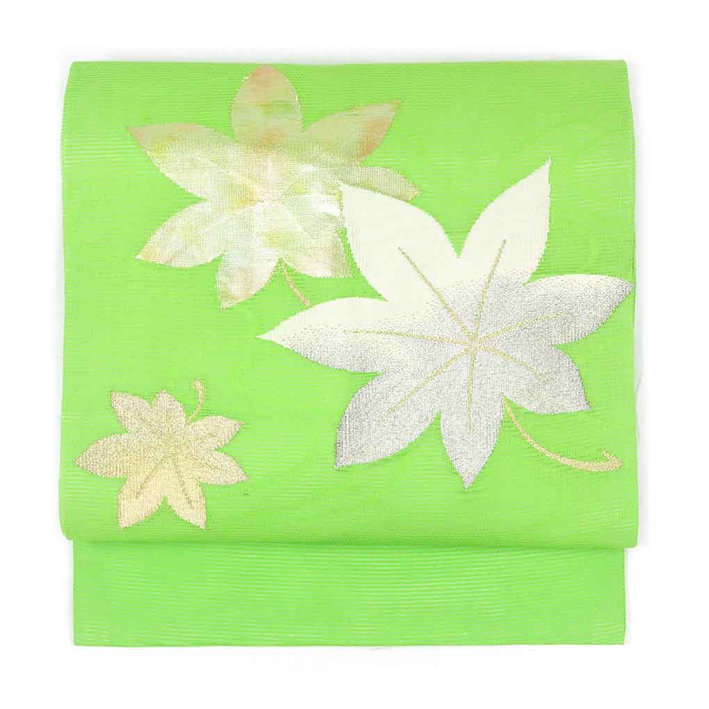 リサイクル帯 名古屋帯 グリーン地 紅葉柄 夏物 九寸帯 正絹 レディース 夏用 シルク グリーン フリーサイズ リユース幅30cm 長さ345cm【ランクA】