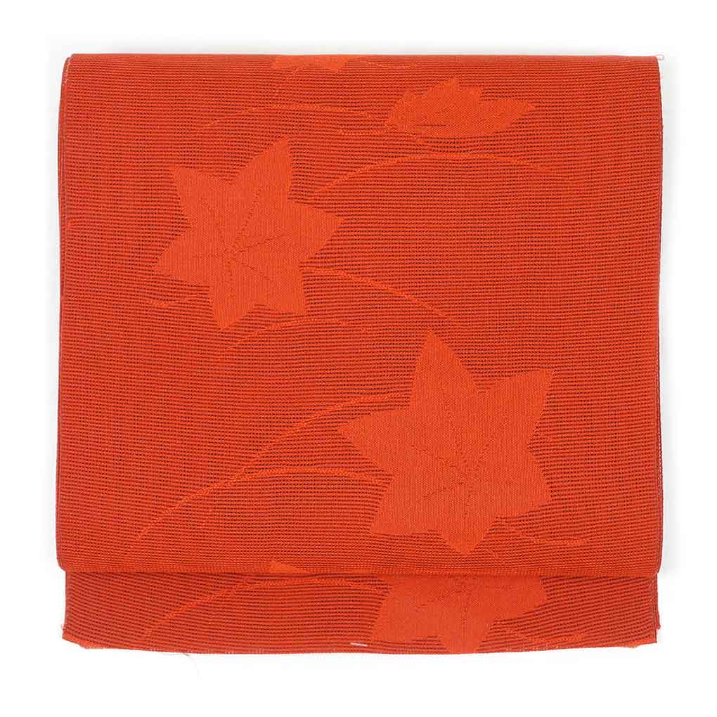 リサイクル帯 名古屋帯 朱赤地 紅葉柄 夏物 八寸帯 正絹 レディース 夏用 シルク レッド フリーサイズ リユース幅29cm 長さ347cm【ランクA】