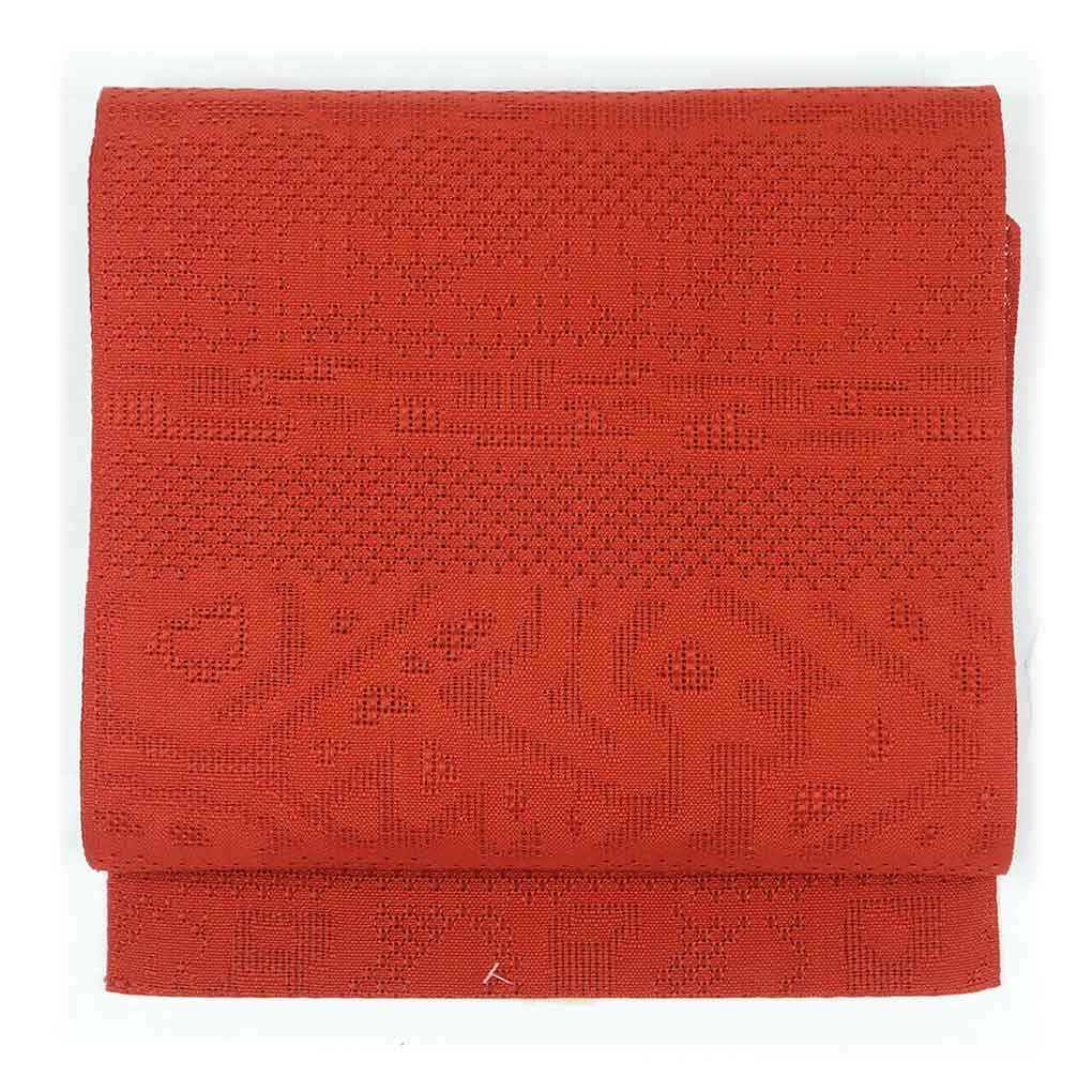 リサイクル帯 名古屋帯 レンガ地 無地 夏物 八寸帯 正絹 レディース 夏用 シルク レッド フリーサイズ リユース幅30cm 長さ351cm【ランクA】