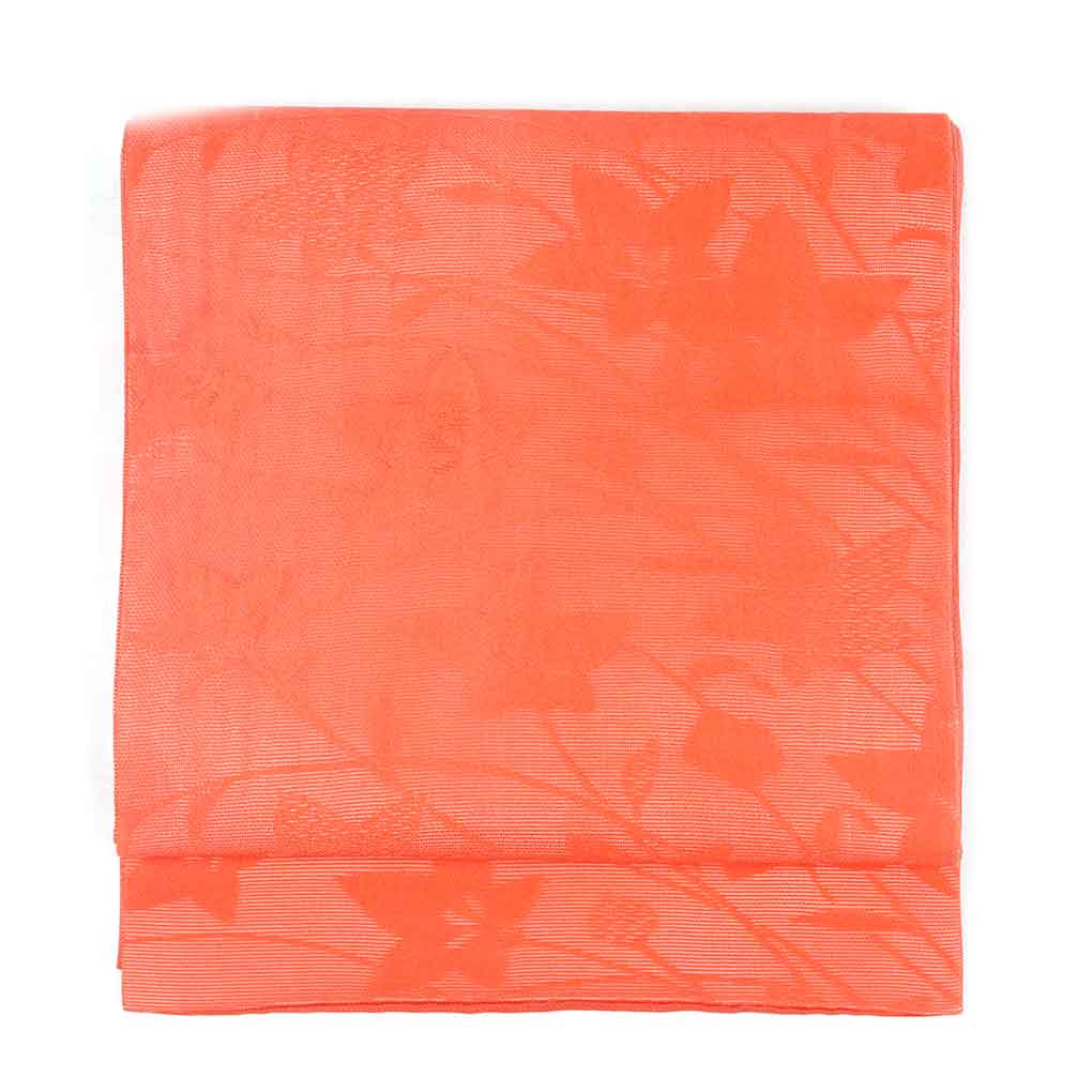 リサイクル帯 名古屋帯 オレンジ地 紅葉柄 夏物 開き仕立 正絹 レディース 夏用 シルク オレンジ フリーサイズ リユース幅30cm 長さ360cm【ランクA】