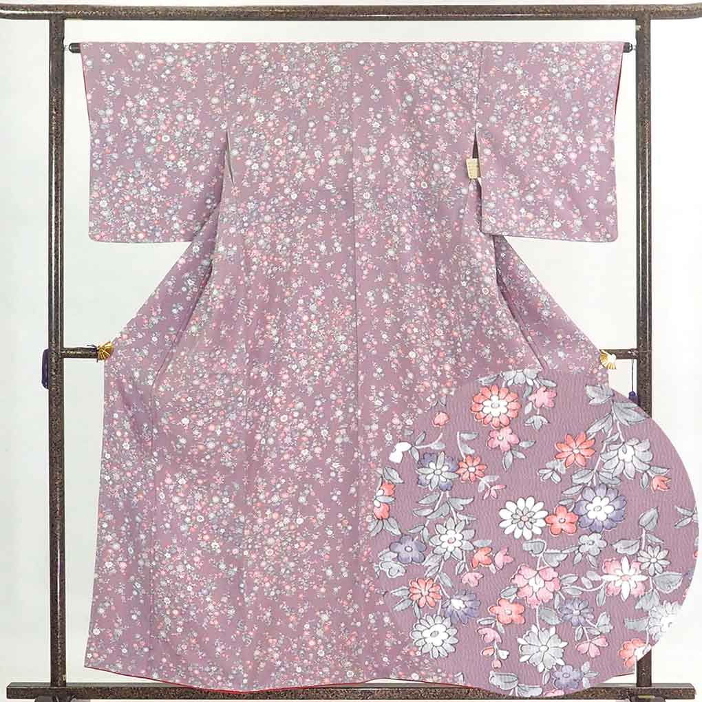 リサイクル着物 小紋 藤色地 花柄 袷 正絹 着物 未使用品 レディース 