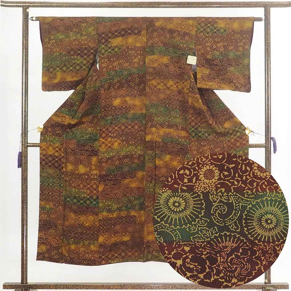 リサイクル着物 小紋 茶色地 横段柄 袷 正絹 着物 未使用品 レディース 秋冬春用 シルク ブラウン 裄Sサイズ リユース身丈149cm 裄62cm 前幅22cm 後幅28cm 袖丈45cm【ランクS】