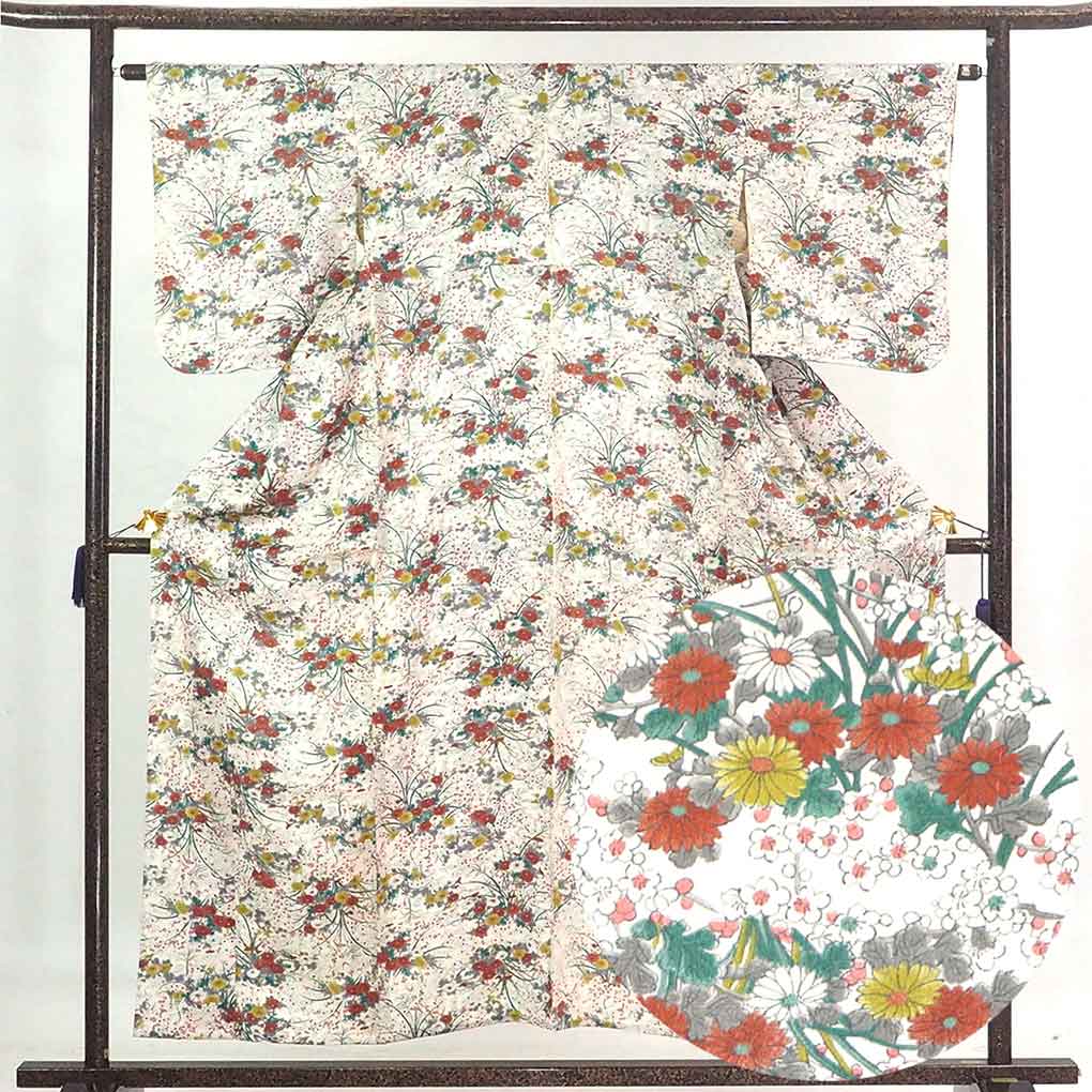 リサイクル着物 小紋 白地 花柄 単衣 正絹 着物 レディース 初夏・初秋用 シルク ホワイト 裄Mサイズ リユース身丈156cm 裄64cm 前幅23cm 後幅31cm 袖丈49cm【ランクA】