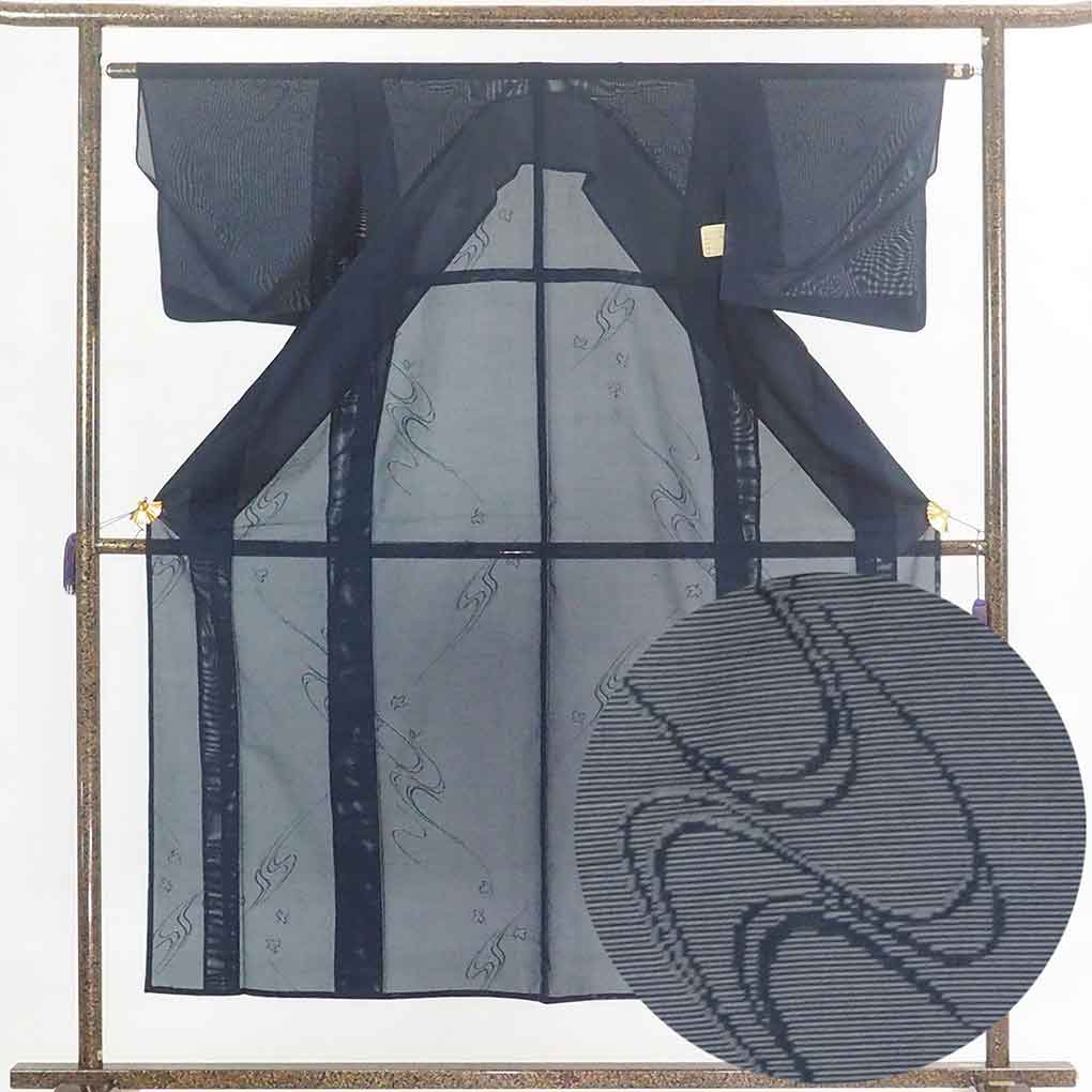 リサイクル着物 小紋 紺地 千鳥柄 夏物紋紗 正絹 着物 レディース 夏用 シルク ネイビー 裄Mサイズ リユース身丈153cm 裄63cm 前幅23cm 後幅28cm 袖丈45cm【ランクB】