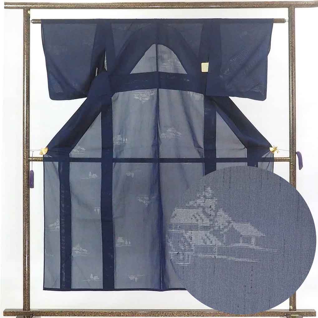 リサイクル着物 小紋 紺地 連続模様 夏物紋紗 正絹 着物 レディース 夏用 シルク ネイビー 裄Sサイズ リユース身丈150cm 裄61cm 前幅23cm 後幅29cm 袖丈47cm【ランクB】