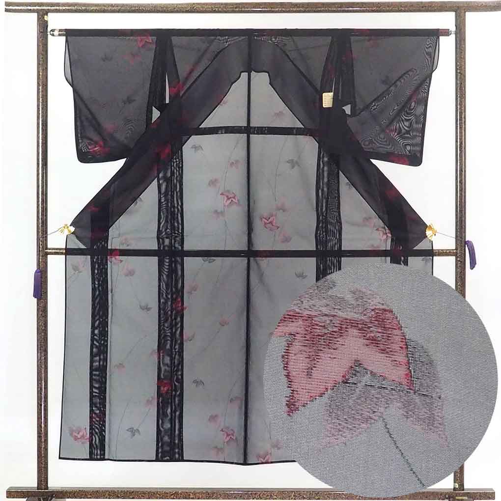 リサイクル着物 小紋 黒地 花柄 夏物紋紗 正絹 着物 未使用品 レディース 夏用 シルク ブラック 裄Sサイズ リユース身丈152cm 裄62cm 前幅23cm 後幅29cm 袖丈49cm【ランクS】