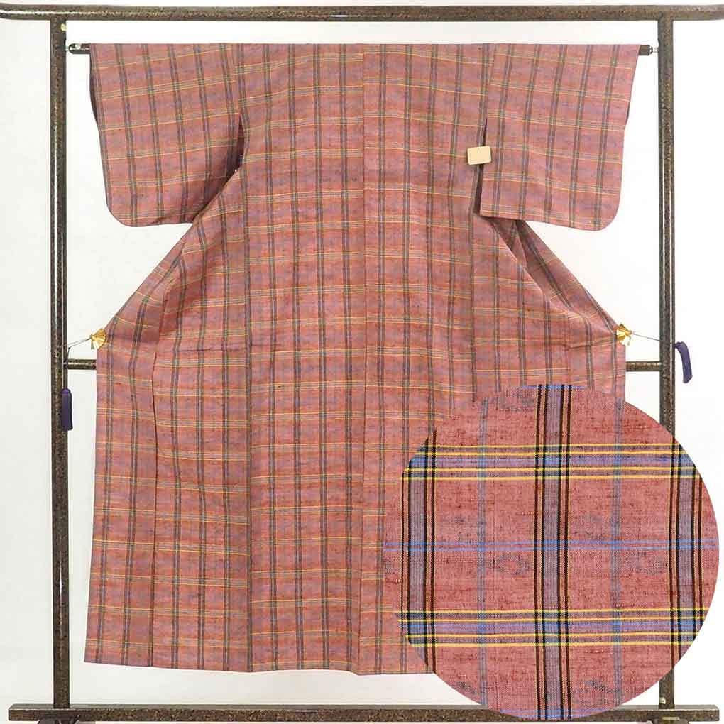 リサイクル着物 紬 茶色地 格子柄 単衣 正絹 着物 レディース 初夏・初秋用 シルク ブラウン 裄Mサイズ リユース身丈153cm 裄63cm 前幅23cm 後幅29cm 袖丈46cm【ランクA】