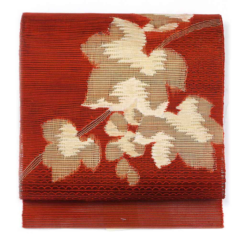 リサイクル帯 名古屋帯 赤地 蔦柄 夏物 正絹 九寸帯 レディース 夏用 シルク レッド フリーサイズ リユース幅31cm 長さ359cm【ランクA】