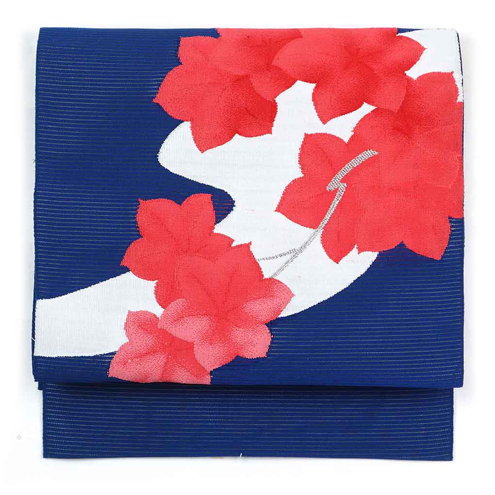 リサイクル帯 名古屋帯 紺地 花柄 夏物絽綴 正絹 八寸帯 レディース 夏用 シルク ネイビー フリーサイズ リユース幅30cm 長さ349cm【ランクB】