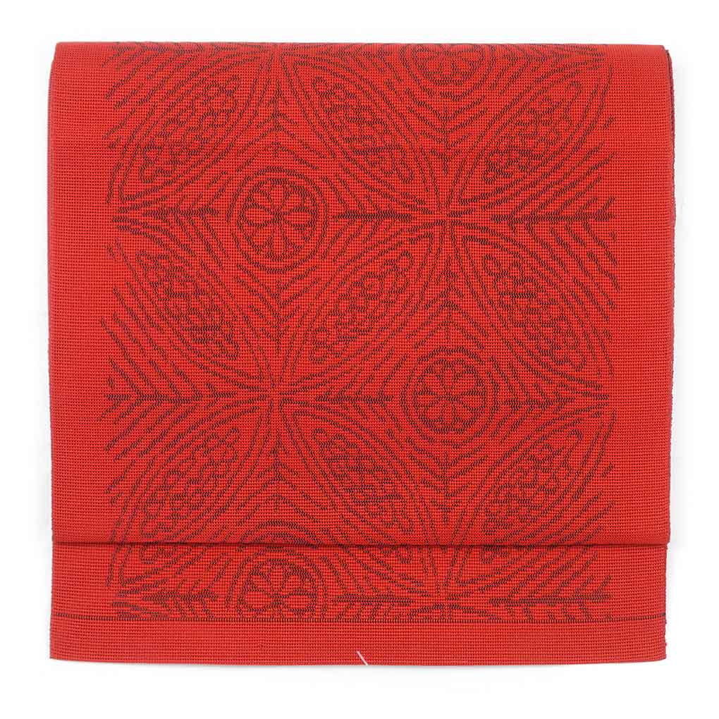 リサイクル帯 名古屋帯 赤地 七宝柄 夏物紗 正絹 八寸帯 レディース 夏用 シルク レッド フリーサイズ リユース幅30cm 長さ351cm【ランクA】