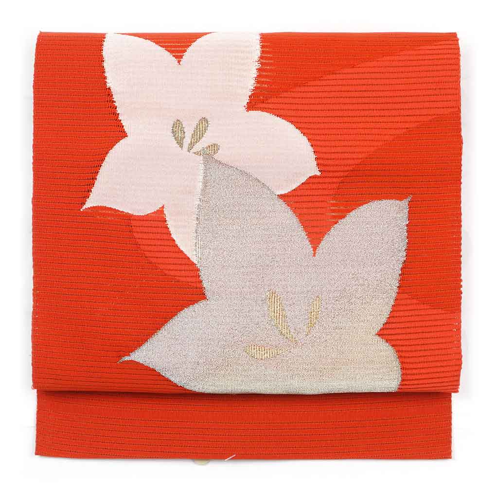 リサイクル帯 名古屋帯 朱赤地 花柄 夏物絽綴 正絹 八寸帯 レディース 夏用 シルク オレンジ フリーサイズ リユース幅29cm 長さ359cm【ランクA】