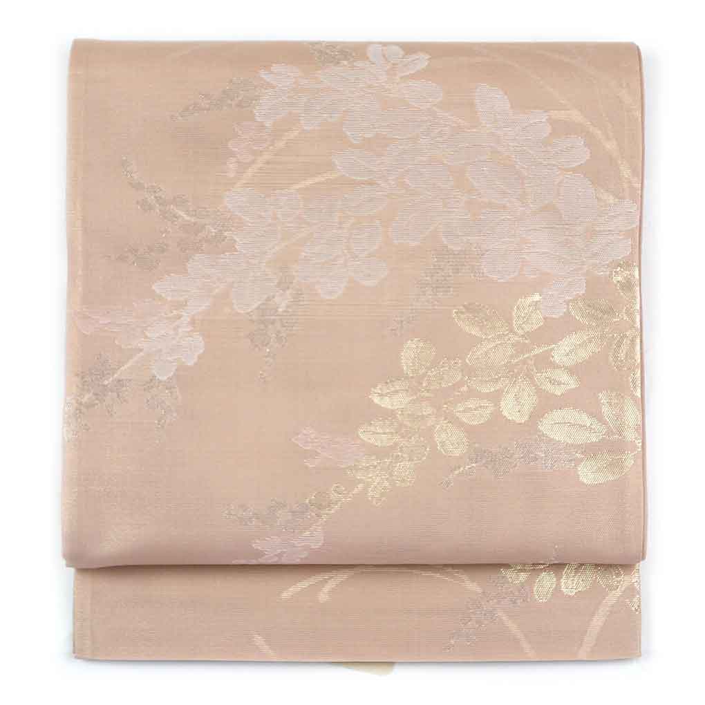 リサイクル帯 袋帯 薄茶地 萩柄 夏物 正絹 六通柄 レディース 夏用 シルク ブラウン フリーサイズ リユース幅30.5cm 長さ421cm【ランクA】