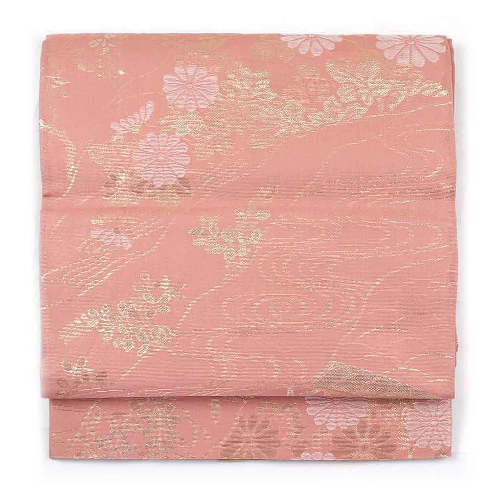 リサイクル帯 袋帯 ピンク地 花柄 夏物紗 正絹 六通柄 レディース 夏用 シルク ピンク フリーサイズ リユース幅30.5cm 長さ429cm【ランクA】