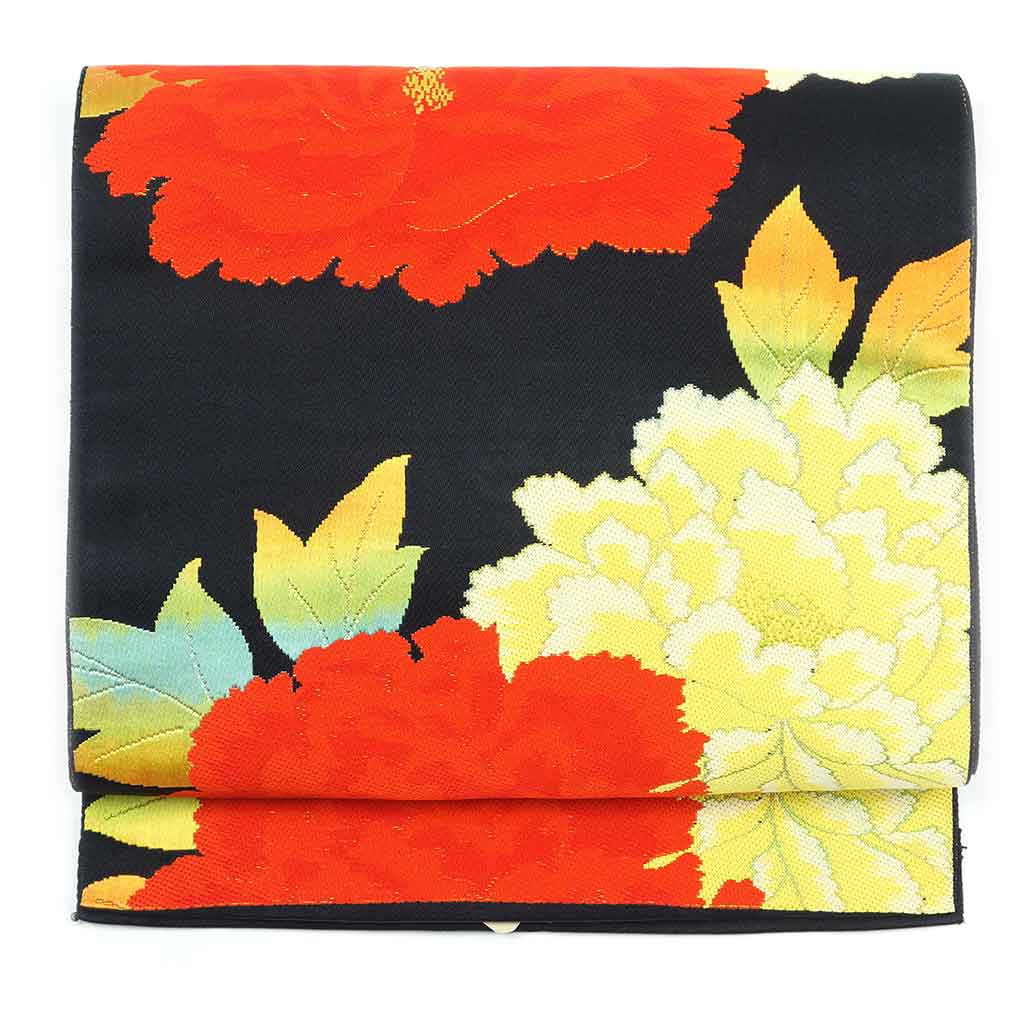 名古屋帯 花柄 夏用 からみ 正絹（シルク）黒地 幅30cm 長さ360cm 