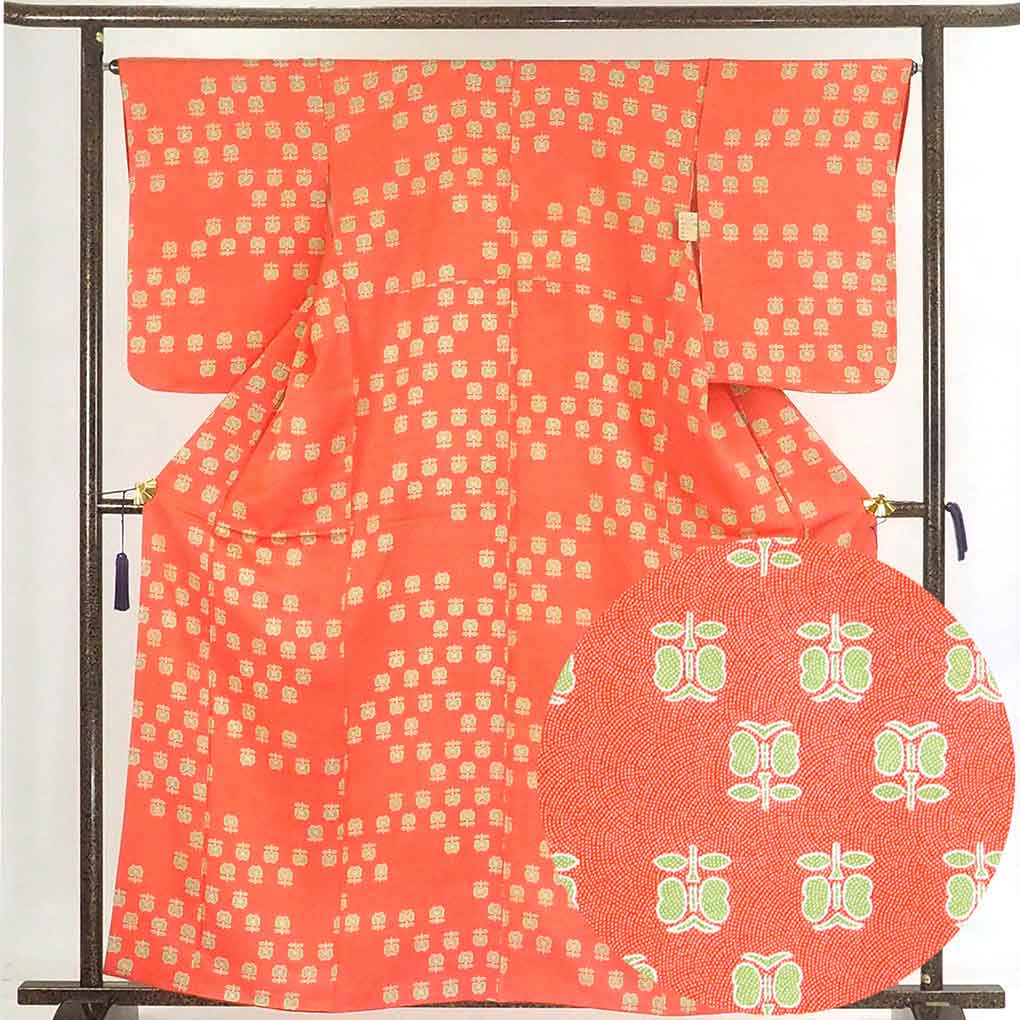リサイクル着物 小紋 オレンジ地 遠州椿 袷 正絹 着物 未使用品