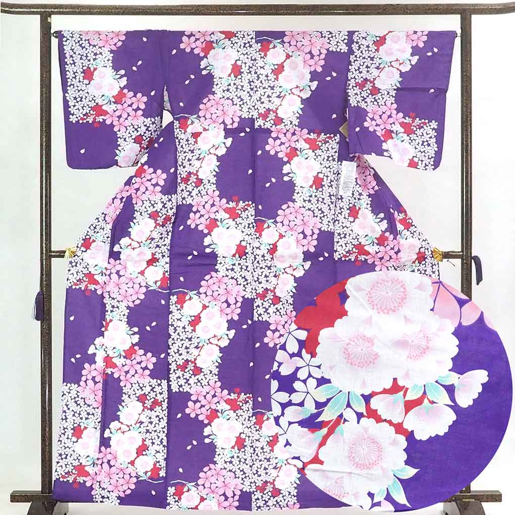 リサイクル着物 浴衣 紫地 桜柄 単衣 木綿 着物 未使用品 レディース 夏用 木綿 パープル 裄Mサイズ トールサイズ リユース身丈165cm 裄66cm 前幅23cm 後幅30cm 袖丈49cm【ランクS】