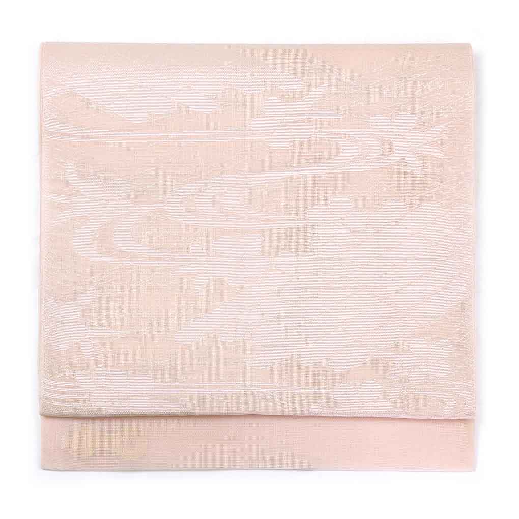 リサイクル帯 袋帯 薄ピンク地 花筏柄 夏物 正絹 六通柄 レディース 夏用 シルク ピンク フリーサイズ リユース幅32cm 長さ436cm【ランクB】