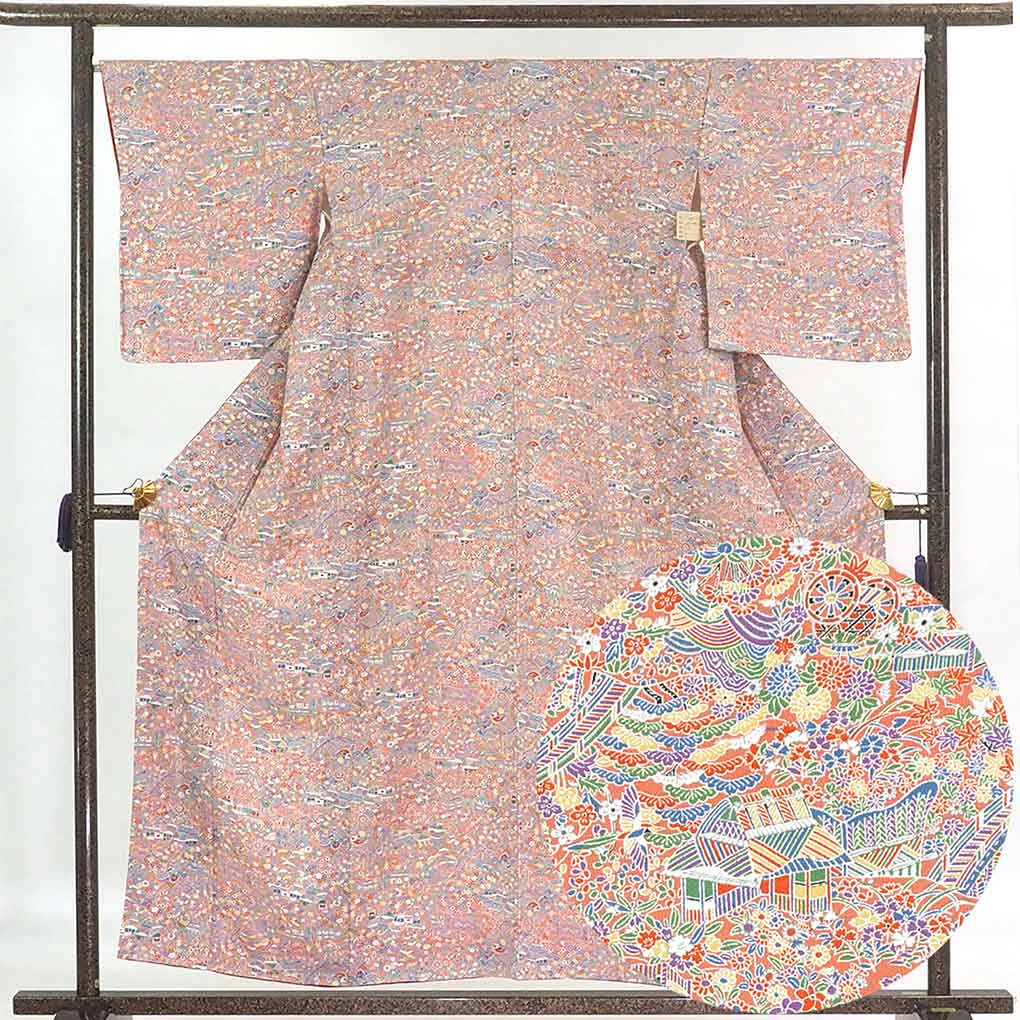 リサイクル着物 小紋 ピンク地 花柄 袷 正絹 着物 未使用品 レディース 秋冬春用 シルク ピンク 裄Lサイズ リユース身丈157cm 裄67cm 前幅24cm 後幅30cm 袖丈51cm【ランクS】
