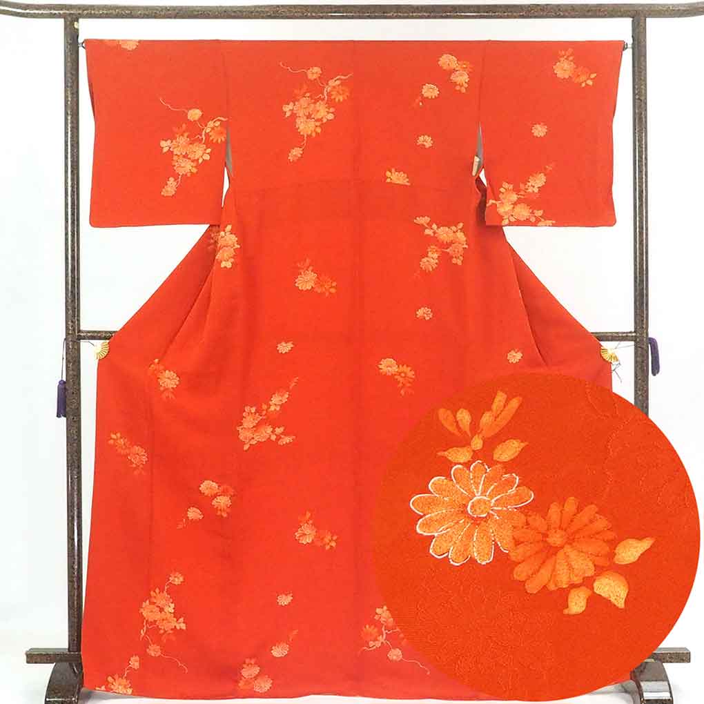 リサイクル着物 小紋 朱赤地 地紋起こし 袷 正絹 着物 レディース 秋冬  