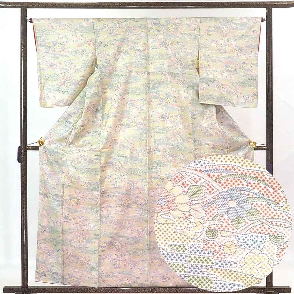 リサイクル着物 紬 白地 花柄 袷 正絹 着物 レディース 秋冬春用 