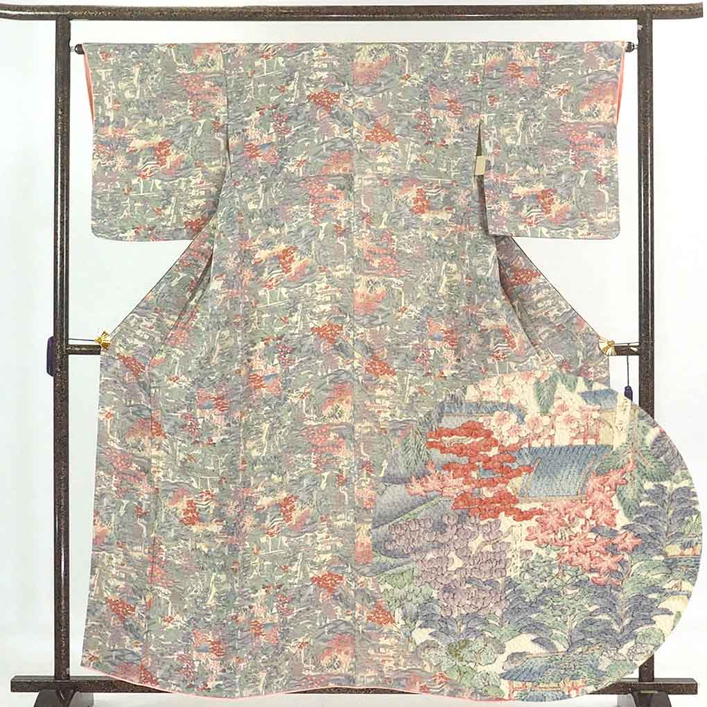 リサイクル着物 小紋 薄ベージュ地 風景画 袷 正絹 着物 未使用品 