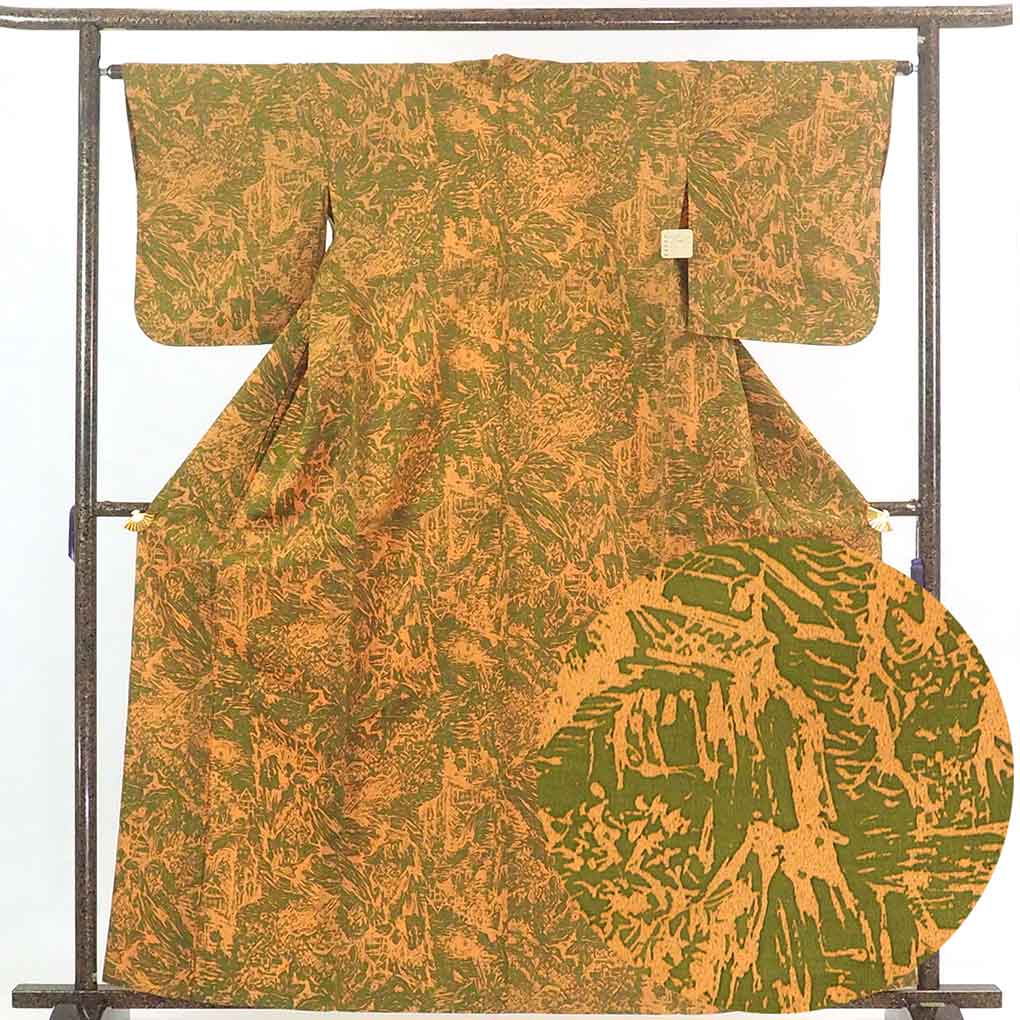 リサイクル着物 小紋 グリーン地 抽象柄 単衣 正絹 着物 レディース 初夏・初秋用 シルク グリーン 裄Mサイズ リユース身丈162cm 裄64cm 前幅25cm 後幅29cm 袖丈49cm【ランクA】