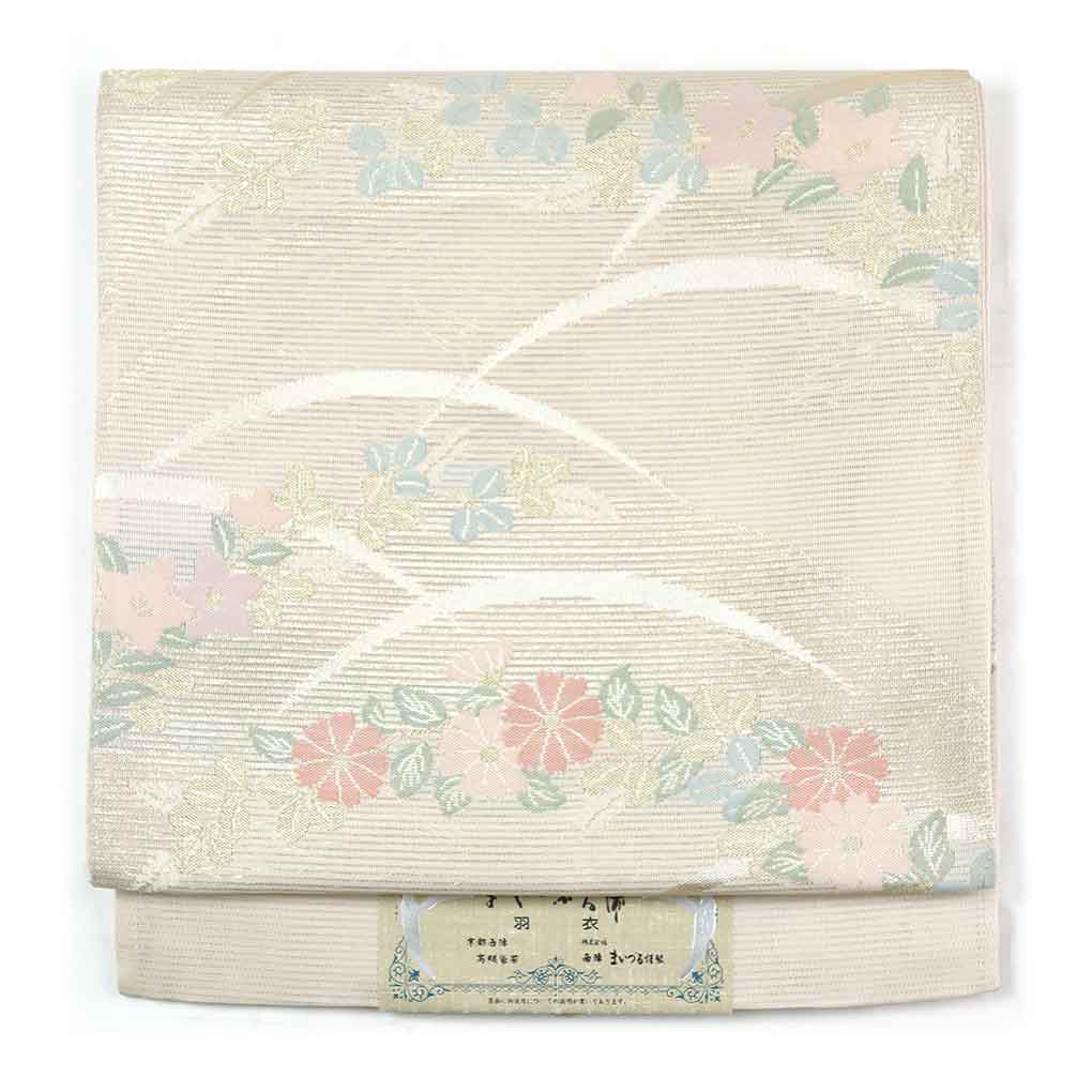 リサイクル帯 袋帯 薄ベージュ地 露芝花柄 夏物紗 正絹 六通帯 レディース 夏用 シルク ベージュ フリーサイズ リユース幅31cm 長さ454cm【ランクB】