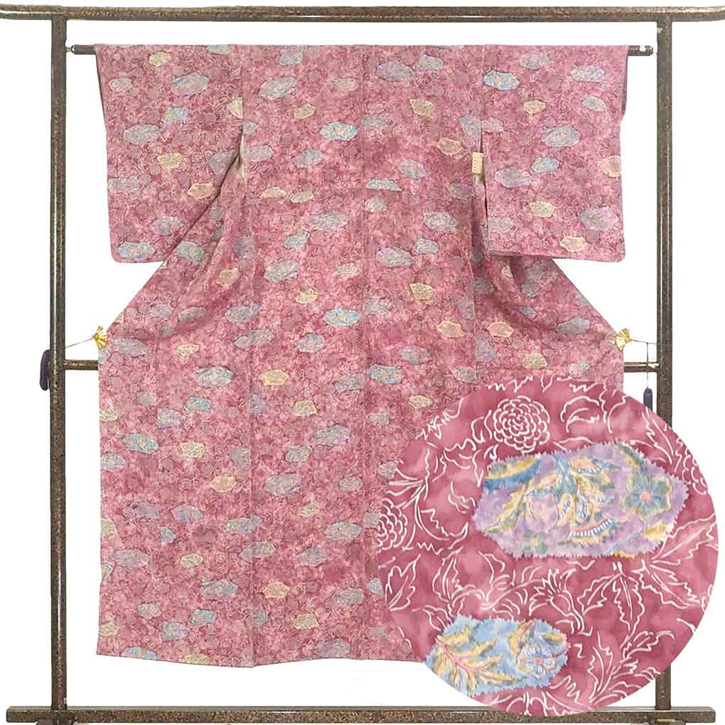 リサイクル着物 小紋 紫地 花柄 袷 正絹 着物 未使用品 レディース 秋冬春用 シルク パープル 裄Sサイズ リユース身丈149cm 裄61cm 前幅21.5cm 後幅28cm 袖丈52cm【ランクS】